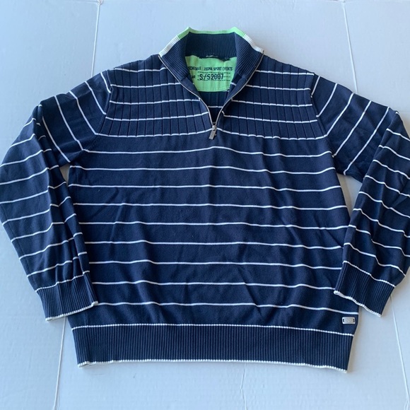 ERMENEGILDO ZEGNA - ZEGNA SPORT Navy & White Striped Sweater Quarter Zip Size L - Picture 2 of 14